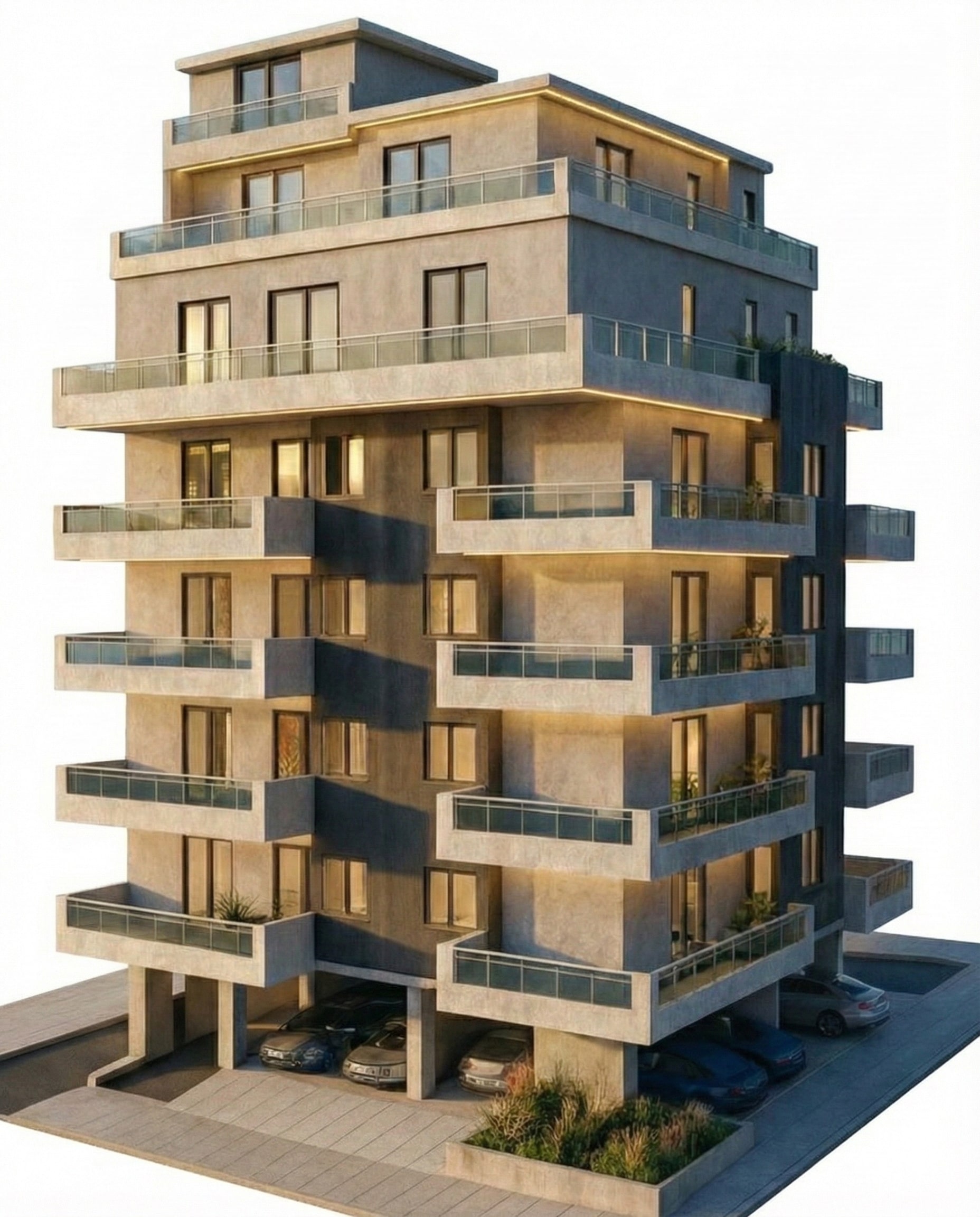 Φωτορεαλιστική απεικόνιση νέας γωνιακής 7όροφης πολυκατοικίας στον Πειραιά από την Κατασκευαστική Λαγανή. Μοντέρνος αρχιτεκτονικός σχεδιασμός με σκούρες και ανοικτές αποχρώσεις, ευρύχωρα γωνιακά μπαλκόνια με γυάλινα στηθαία, κρυφό φωτισμό LED στις προσόψεις και φυτεύσεις στα μπαλκόνια. Το κτίριο διαθέτει δέκα νέα διαμερίσματα προς πώληση. Οι κατοικίες έχουν θέσεις στάθμευσης και αποθήκες.