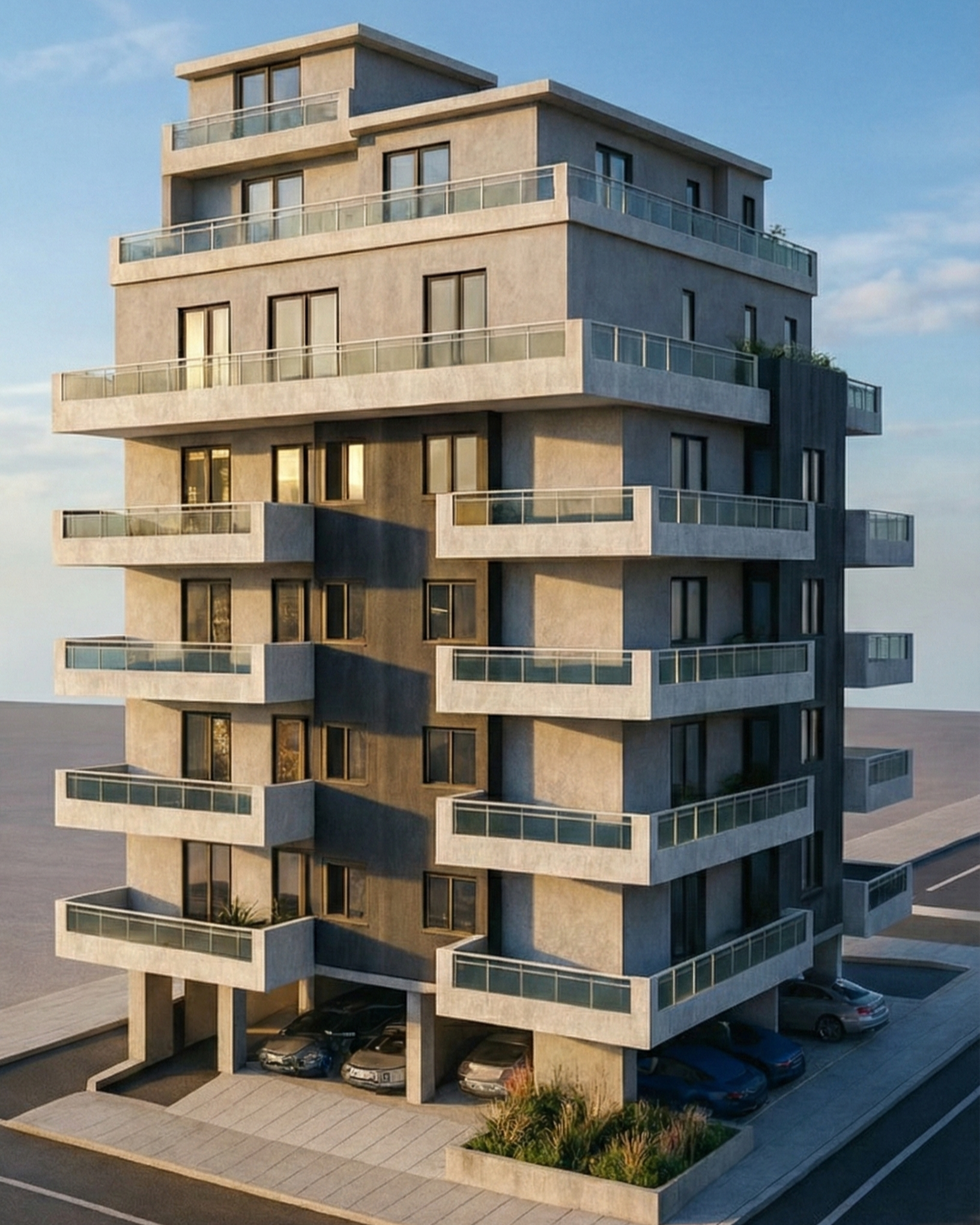 Ημερήσια εξωτερική φωτογραφία επταώροφης γωνιακής πολυκατοικίας στον Πειραιά. Φαίνονται καθαρά τα μπαλκόνια, τα μεγάλα ανοίγματα και οι θέσεις στάθμευσης στην πιλοτή.