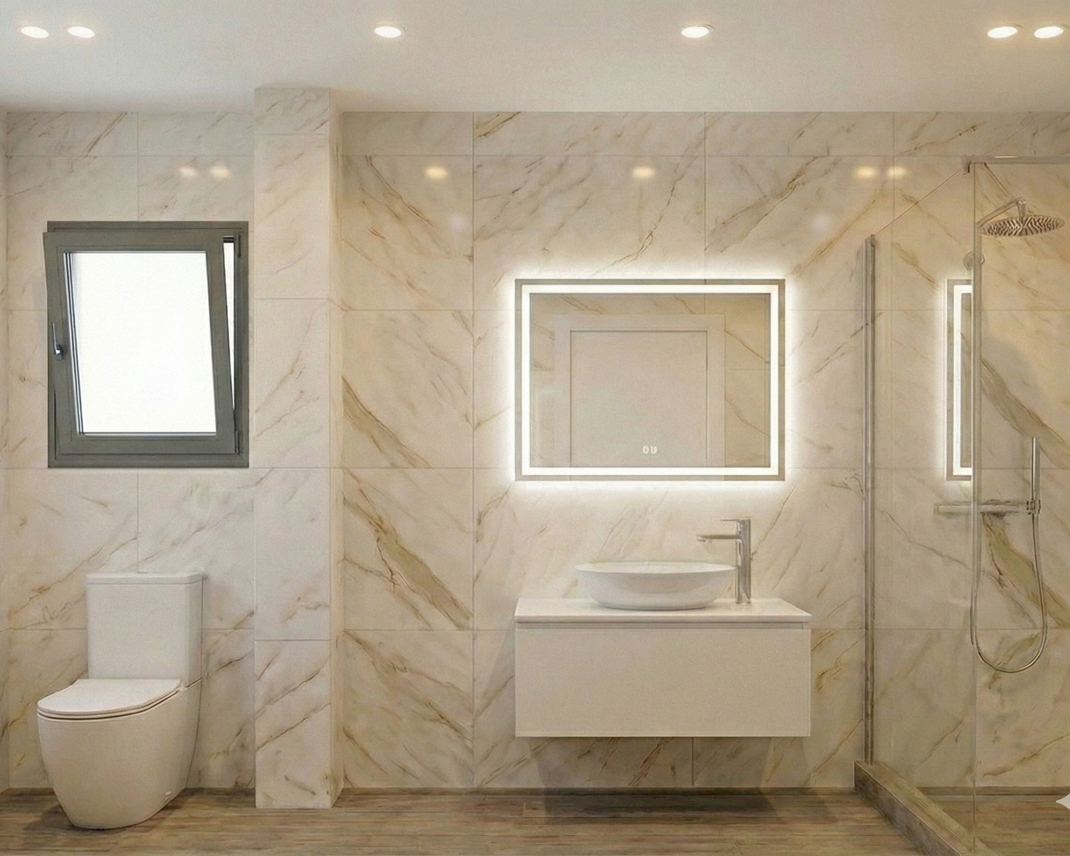 Πολυτελές μπάνιο με πλακάκια λευκού μαρμάρου με χρυσά νερά στους τοίχους, τετράγωνο καθρέφτη με οπίσθιο φωτισμό LED, λευκό κρεμαστό έπιπλο και γυάλινη ντουζιέρα.