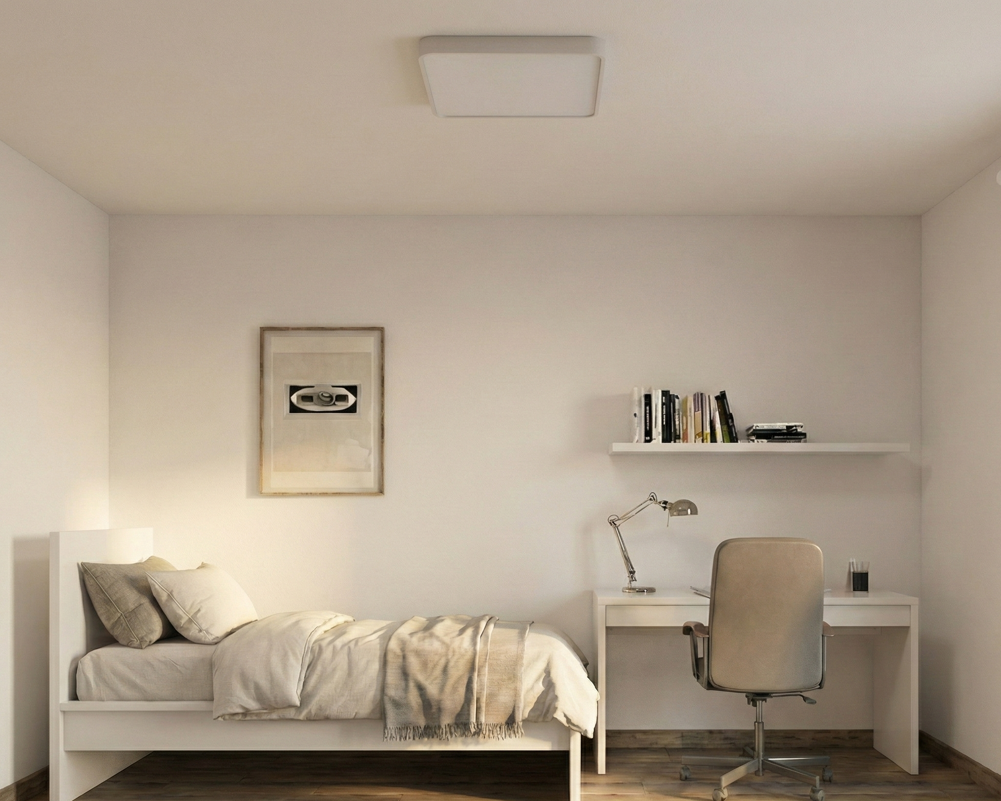 Μοντέρνο μονό υπνοδωμάτιο με λευκό κρεβάτι, ενσωματωμένο λευκό γραφείο με ράφια και μπεζ καρέκλα εργασίας, και τύπου ξύλο δάπεδο.