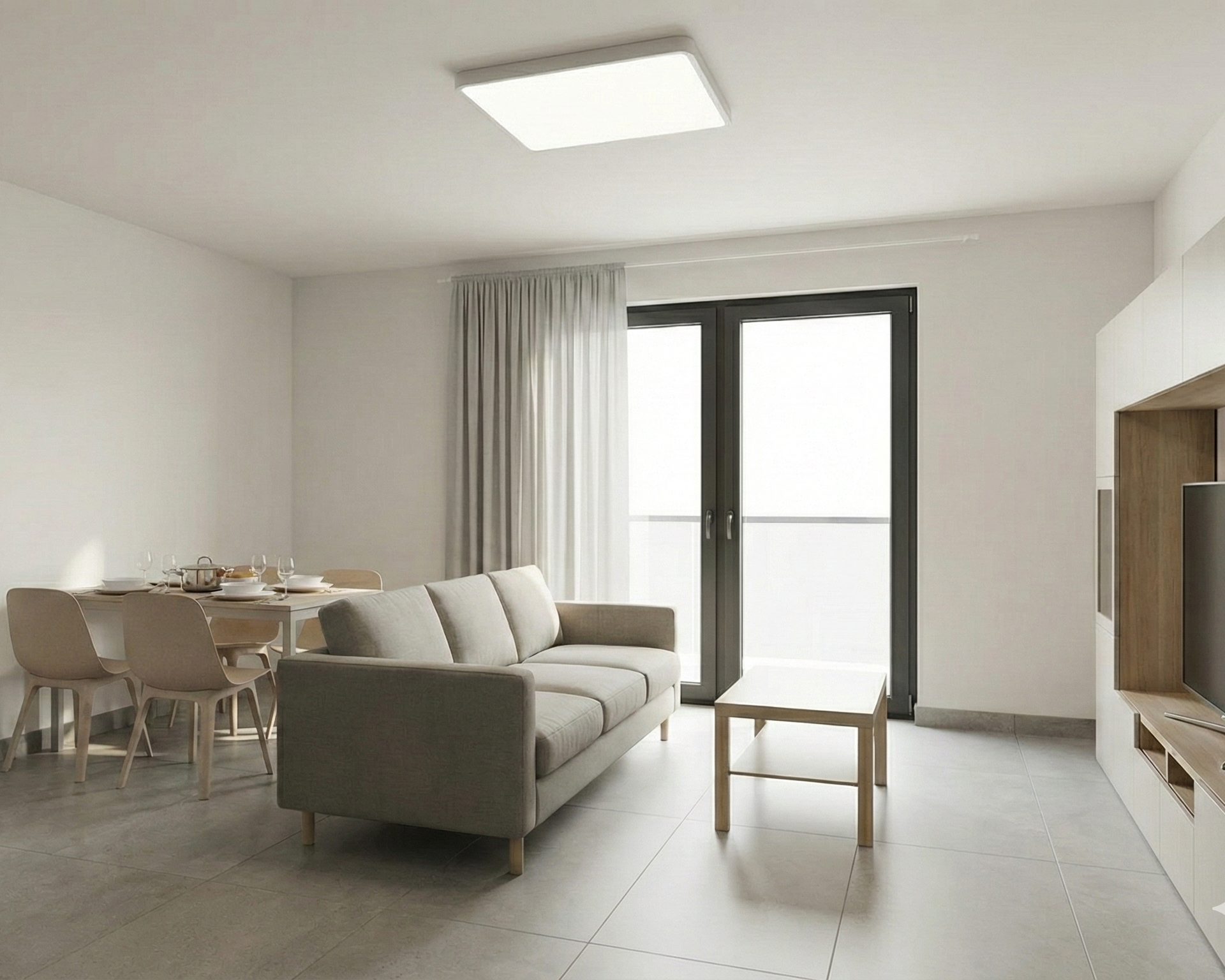 Μοντέρνο σαλόνι ενιαίου χώρου με μπεζ καναπέ, ξύλινη τραπεζαρία και μεγάλη μαύρη μπαλκονόπορτα που οδηγεί σε βεράντα, σε νέο διαμέρισμα στον Πειραιά.