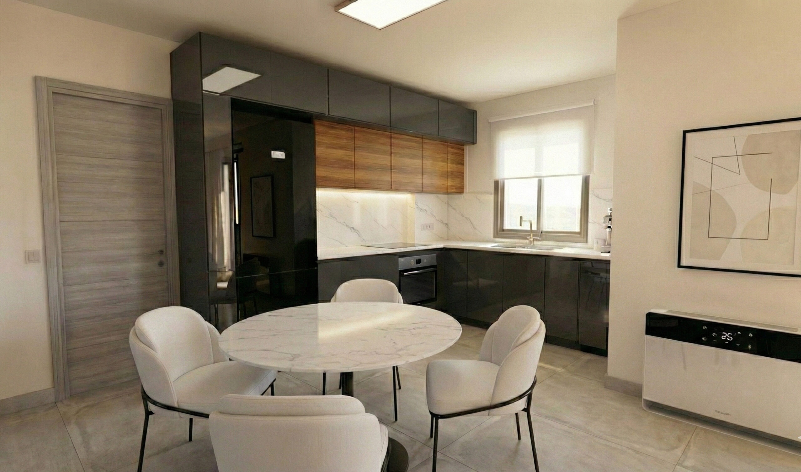 Μοντέρνα γωνιακή κουζίνα με μπεζ ντουλάπια, μαύρο απορροφητήρα καμινάδα, λευκό πάγκο με «νερά» μαρμάρου και κρυφό φωτισμό LED κάτω από τα ντουλάπια.